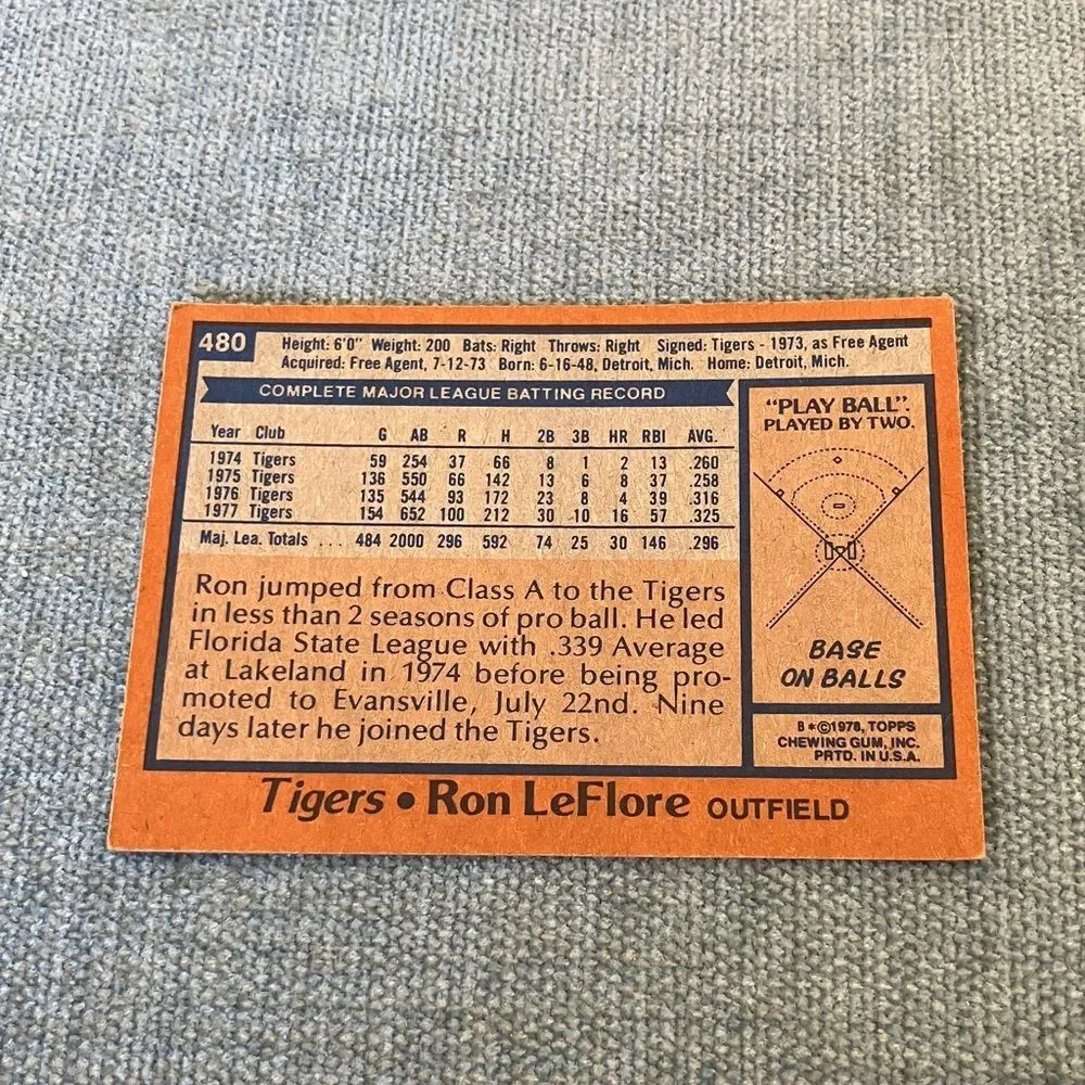 1978 Topps Detroit Tigers Baseball Card Trading Card